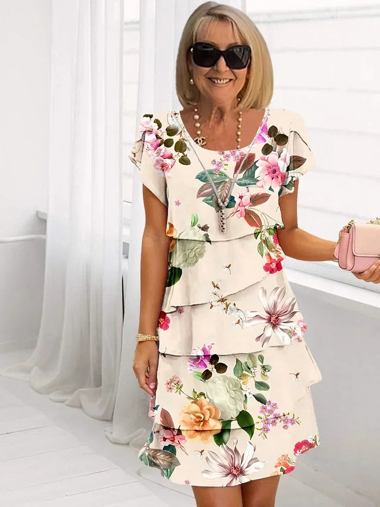 July - Abito Lungo con Stampa Floreale e Design a Cascata